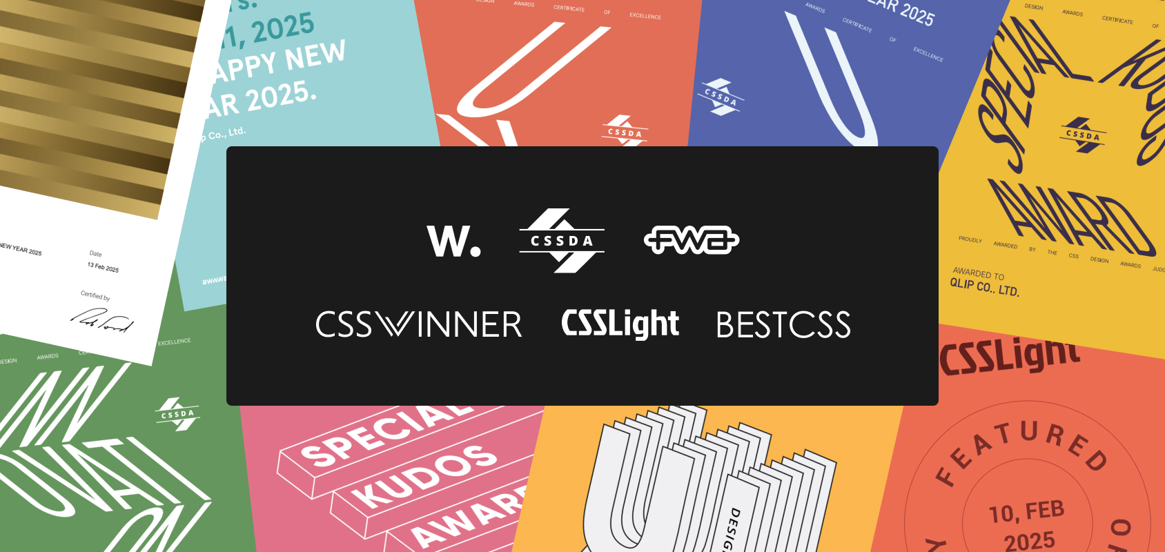 Awwwards、CSS Design Awards、FWAなど、クリップが国内外のWebデザインアワードを多数受賞していることを示すビジュアル