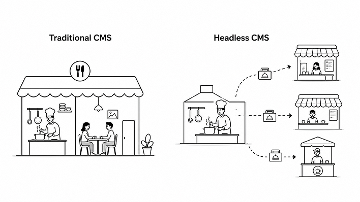 「従来型CMS」と「ヘッドレスCMS」の構造比較イラスト。左に「レストラン（調理場と客席が一体）＝従来型」、右に「セントラルキッチン（中央の厨房から複数の店舗へ配送）＝ヘッドレス」