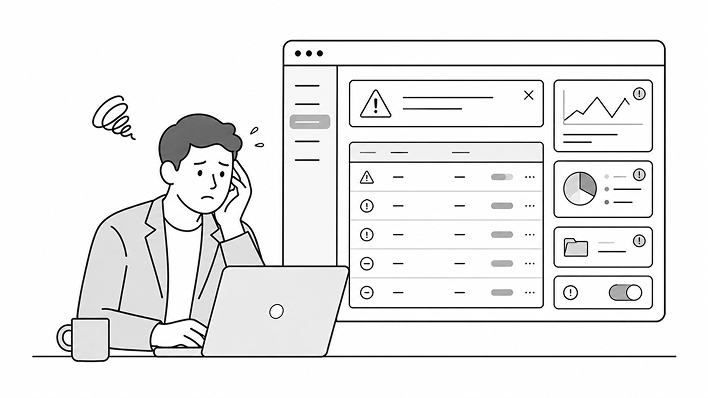 「導入したけど運用がうまく回っていない」状態を表現した、運用現場のイラスト。困っている運用担当者と、複雑になった管理画面のイメージ