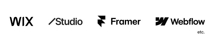 代表的なノーコード・ローコード系ツールのロゴを横並びで配置（STUDIO / Webflow / Framer / Wix など）