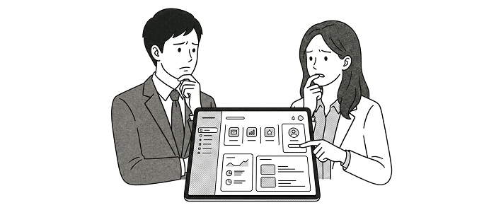 PCの前で悩むスタッフのイラスト