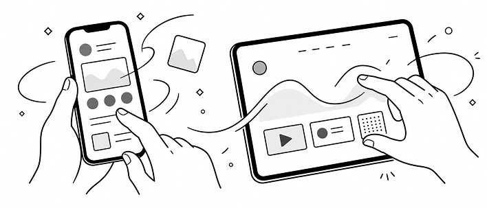 スマートフォンやタブレットでなめらかなアニメーションに触れているユーザーの手元のイメージ画像