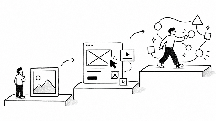 静止画→動きのあるWeb→体験そのものと階段状に進化していく流れを示すイラスト