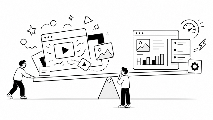 表現性と情報性、運用性のバランスを示す、シーソーや天秤のイラスト